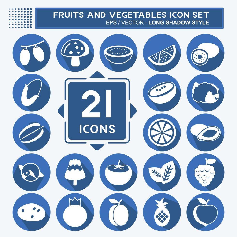 conjunto de iconos de frutas y verduras. adecuado para el símbolo de la educación. estilo de sombra larga. diseño simple editable. vector de plantilla de diseño. ilustración de símbolo simple