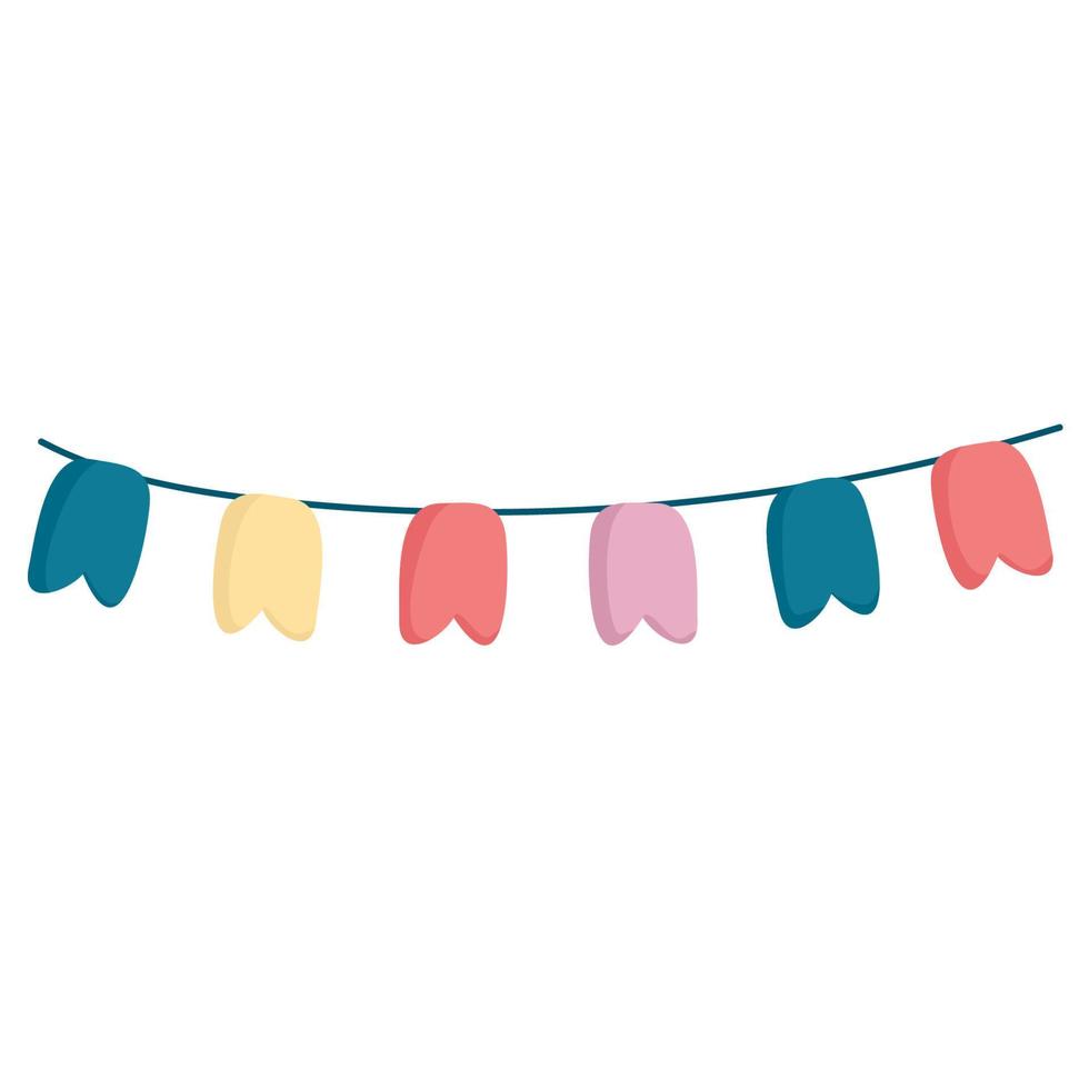 multicolored funny Party bunting. Flat flags for birthday background. Colored garland decoration on celebration banner. ornament hanging on rope. Carnival flags isolated. vector illustration