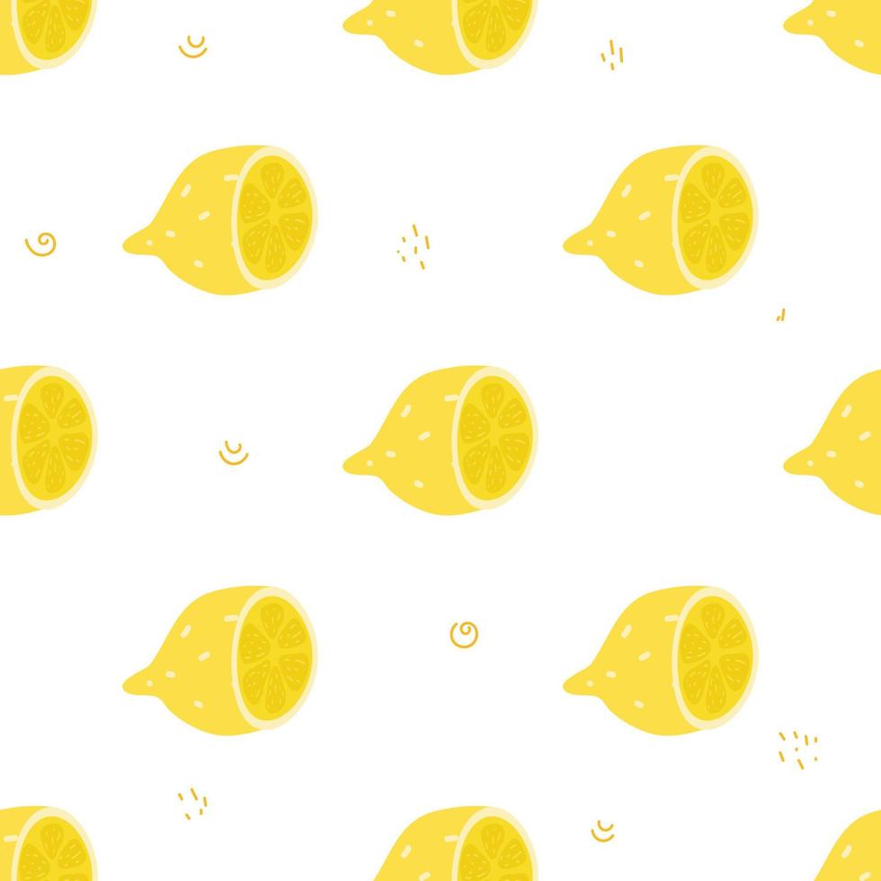 Seamless bright light pattern with Fresh lemons for fabric, drawing labels, print on t-shirt, wallpaper of children's room, fruit background. Slices of a lemon doodle style cheerful background. vector