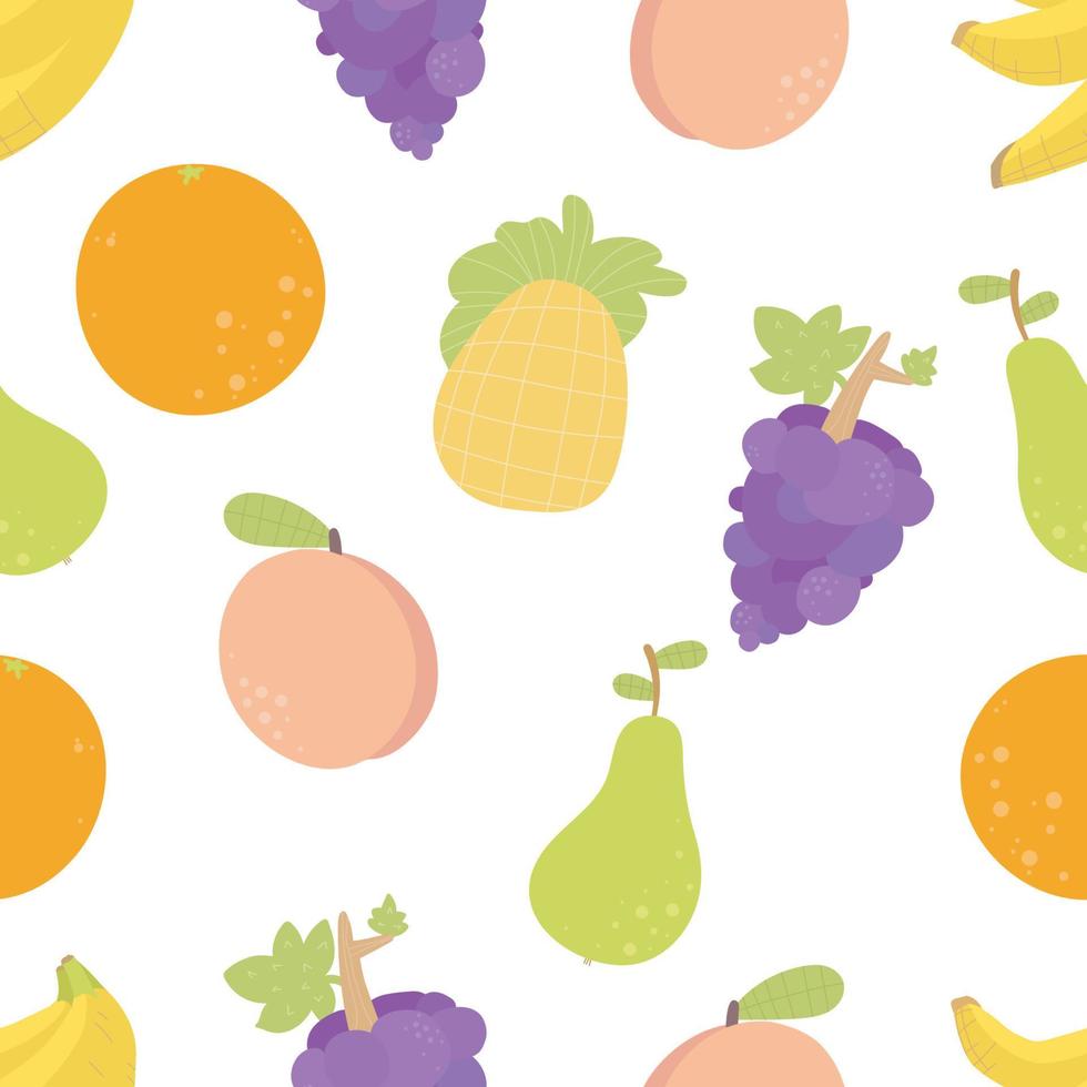 fruta divertida de dibujos animados de patrones sin fisuras. fondo de frescura. piña, plátano, piña, naranja, melocotón, pera. vector