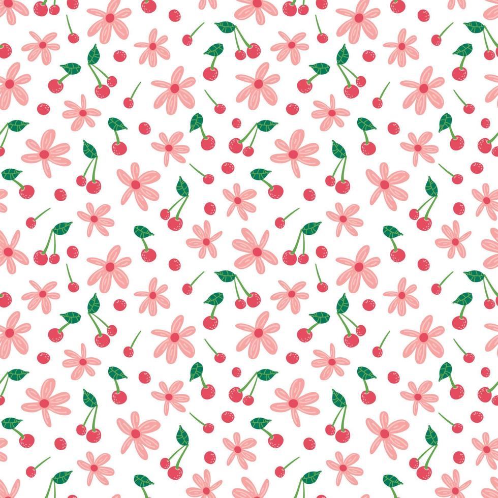 berry flowers cherry seamless vector pattern. Repeating background with summer fruit. Use for fabric, gift wrap, packaging.