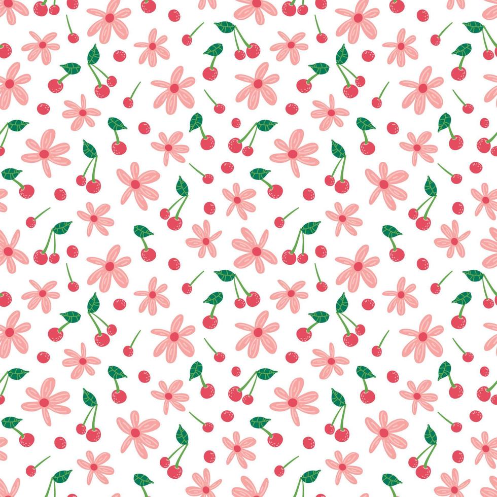 patrón de vector transparente de cereza de flores de baya. fondo repetitivo con fruta de verano. uso para tela, papel de regalo, embalaje.