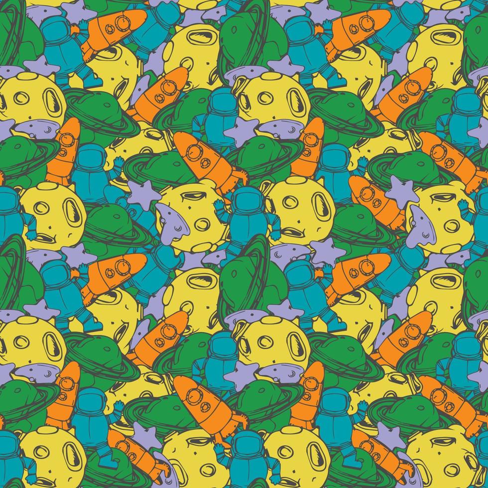 Funy space seamless pattern with rocket, moon, planets and stars isolated on white background. Childish sketch style vector illustration. Seamless pattern with cosmic elements.