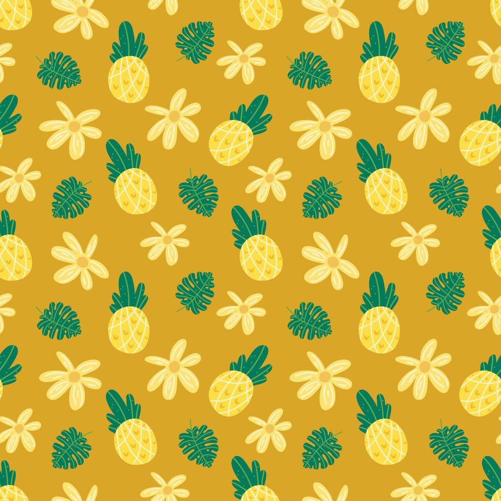Pineapple flowers seamless vector pattern. Repeating vacations, tropics, exotic background with summer fruit. Use for fabric gift wrap packaging. Hawaii t-shirt