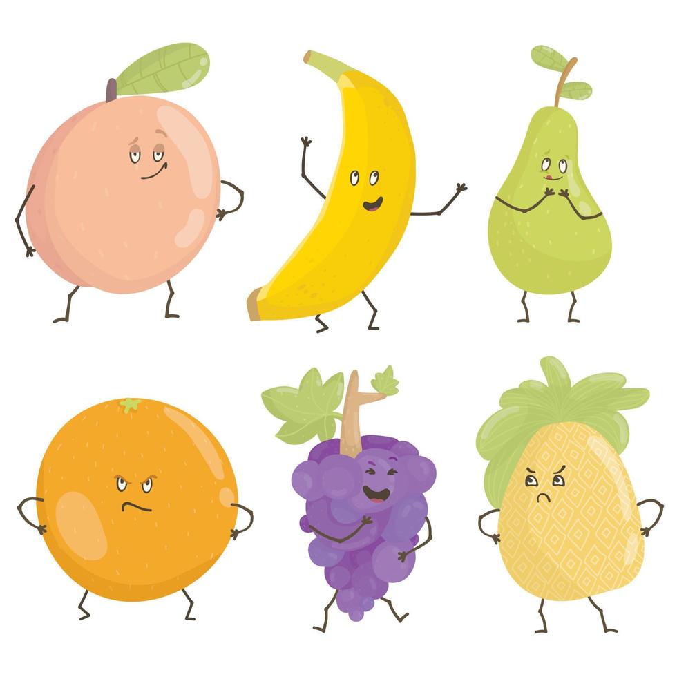 Fruits characters. pineapple, banana, pineapple, orange, peach, pear. Collection cuit funny Fruit Characters vector