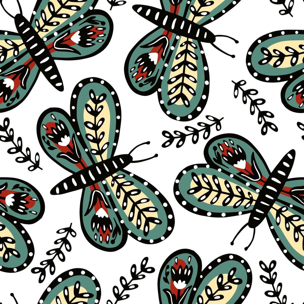 Butterflies, flowers and leaves seamless pattern. Hand drawn butterfly endless wallpaper. Cute flying insect print. Folklore style. Animal folk motif. vector