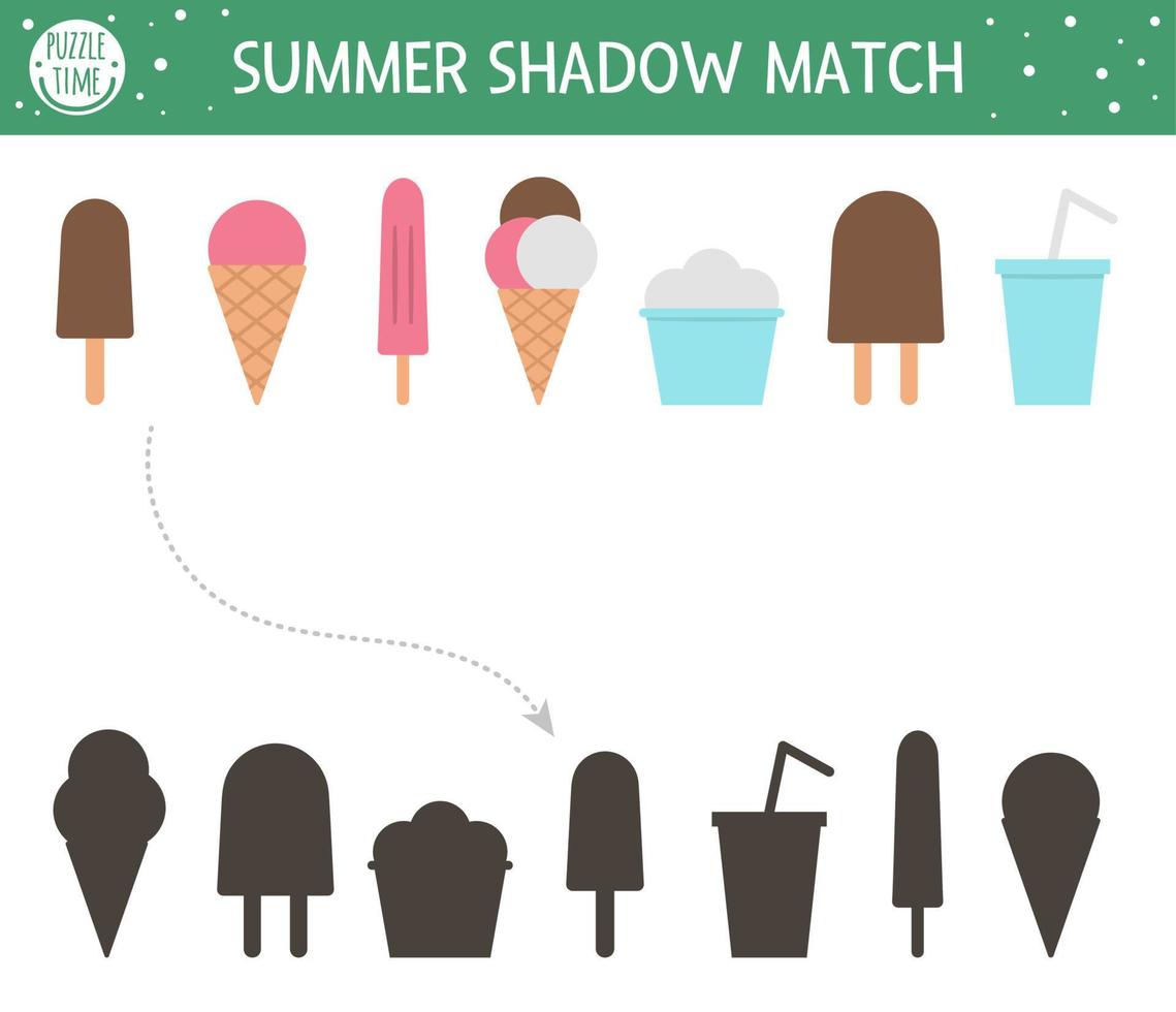 actividad de combinación de sombras de verano para niños. rompecabezas de helado preescolar. lindo acertijo educativo exótico. encuentre la hoja de trabajo imprimible de silueta correcta. sencillo juego de vacaciones en la playa para niños vector