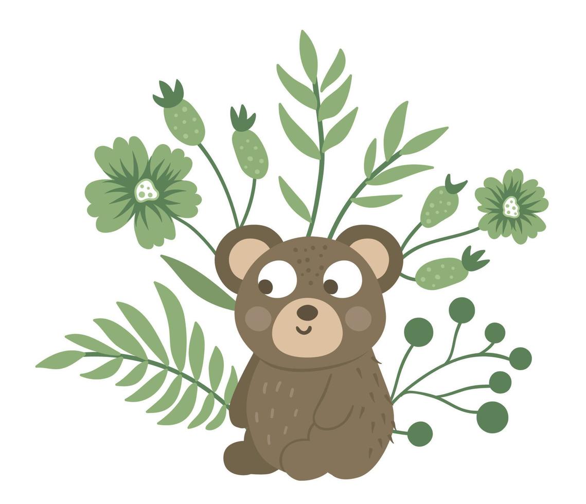 Vector hand drawn flat baby bear with leaves, twigs and flowers. Funny scene with woodland animal. Cute forest animalistic illustration for children design, print, stationery