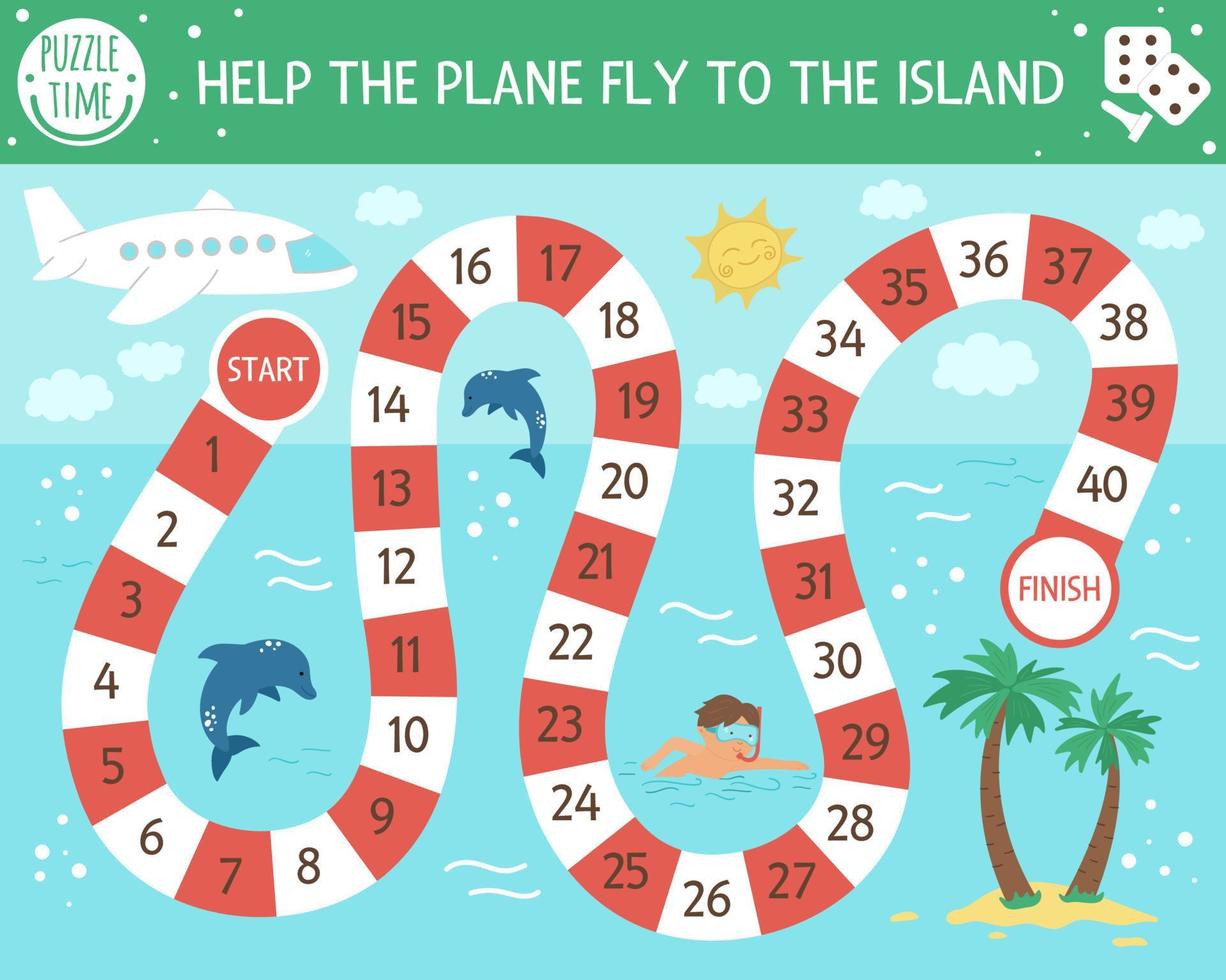 Summer adventure board game for children with airplane, palm trees, dolphins. Educational tropical isle boardgame. Help the plane fly to the island. Beach holidays activity for kids vector