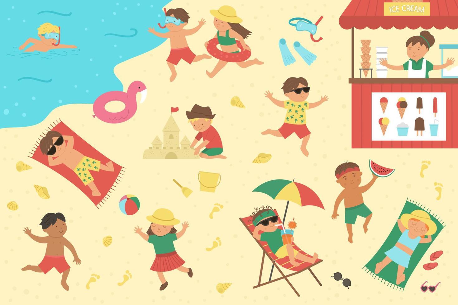 Vector scene with children playing on the beach and doing summer activities. Cute girls and boys swimming, playing ball, constructing sandcastle and lying in the sun. Fun summer illustration