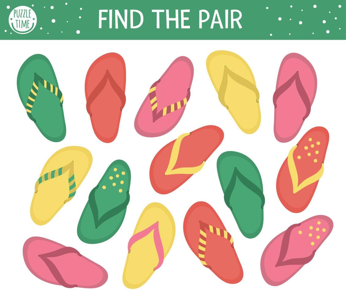 Find two same flip-flops. Summer matching activity for preschool children with beach shoes. Funny holiday activity for kids. Logical quiz worksheet. Simple printable game for kids vector