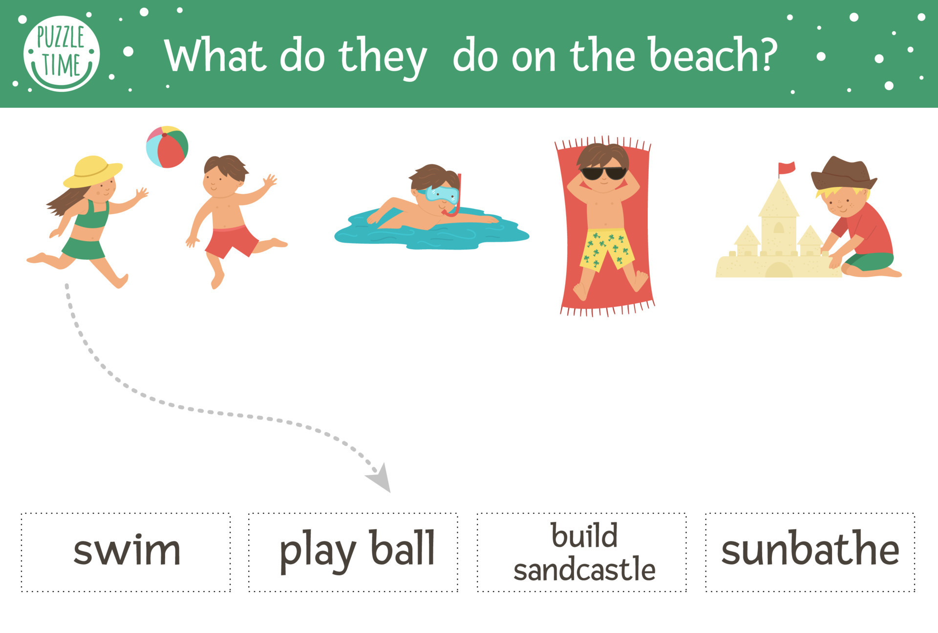 summer matching activity children playing on the beach preschool sea vacation puzzle cute exotic educational riddle find the correct word printable worksheet simple language holiday game for kids 7481420 vector art at