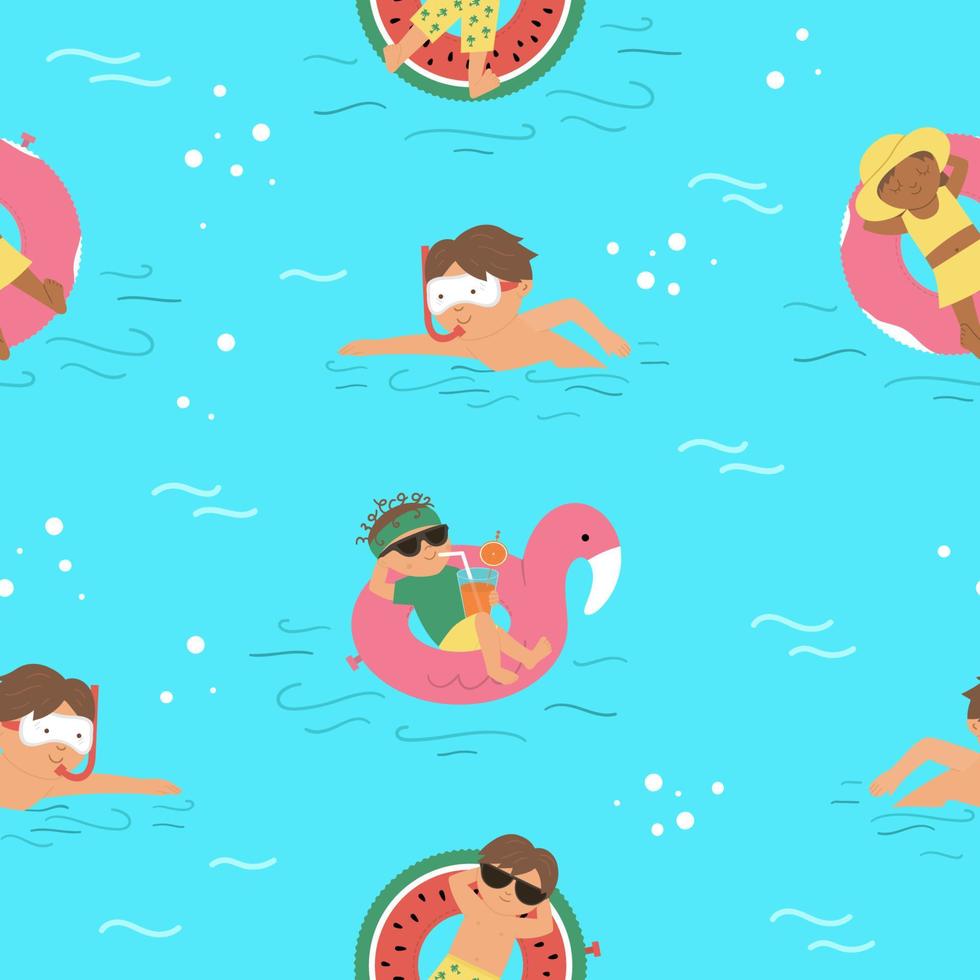 Vector seamless pattern with children on inflatable rings. Repeating background with kids floating on the funny rubber circles.  Swimming equipment digital paper. Fun summer illustration