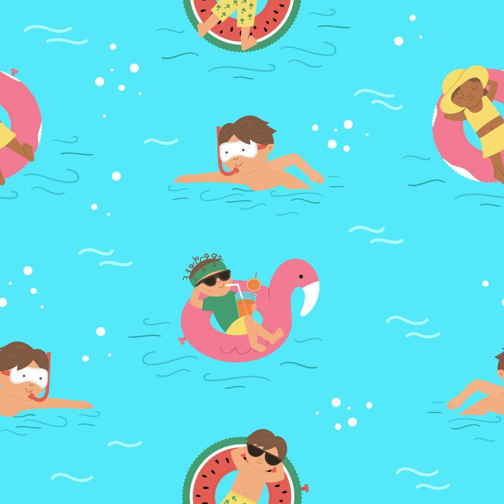 patrón vectorial sin costuras con niños en anillos inflables. fondo repetitivo con niños flotando en los divertidos círculos de goma. equipo de natación en papel digital. divertida ilustración de verano vector