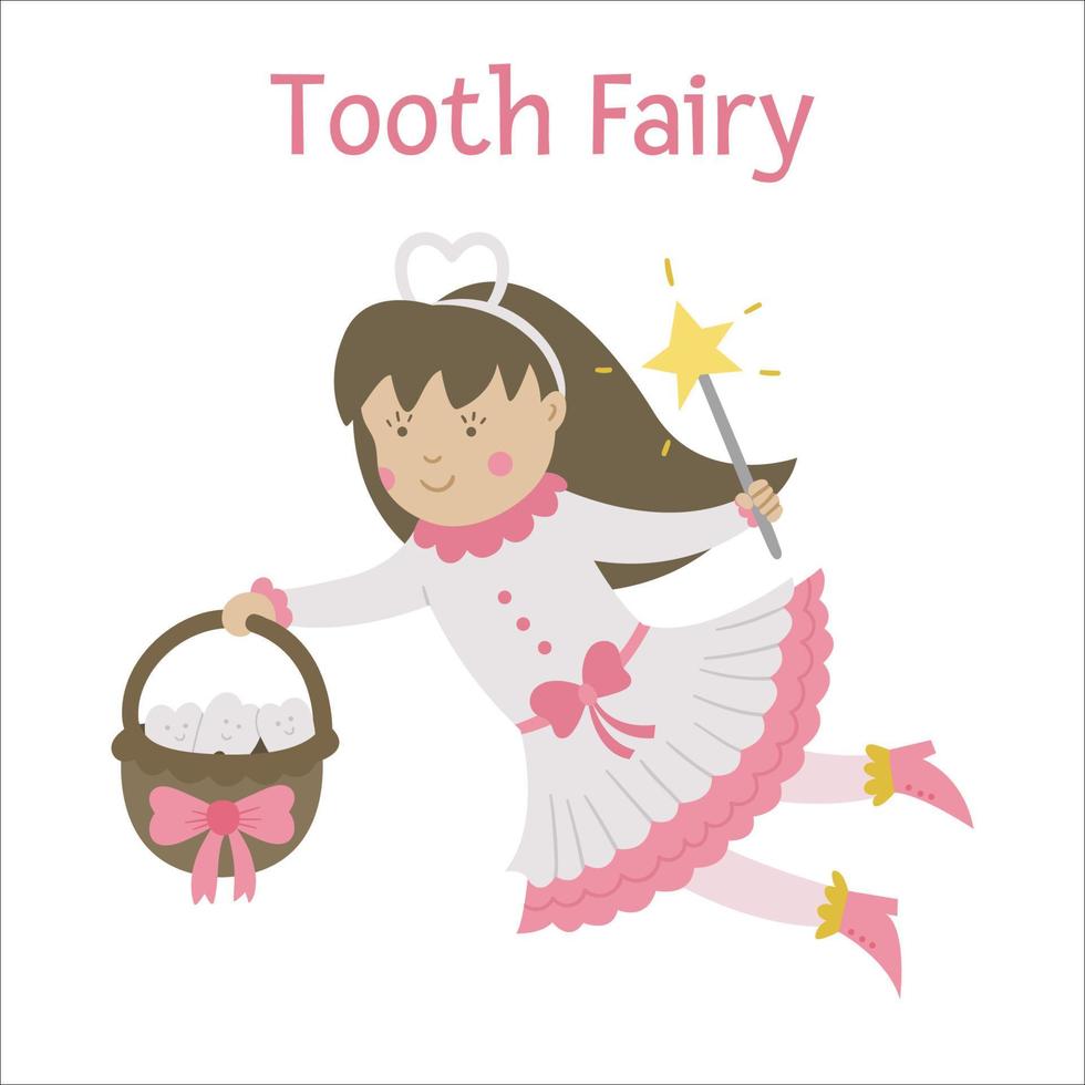 Cute flying tooth fairy vector icon isolated on white background. Kawaii fantasy princess with basket full of smiling teeth. Funny dental care picture for kids. Dentist baby clinic clipart