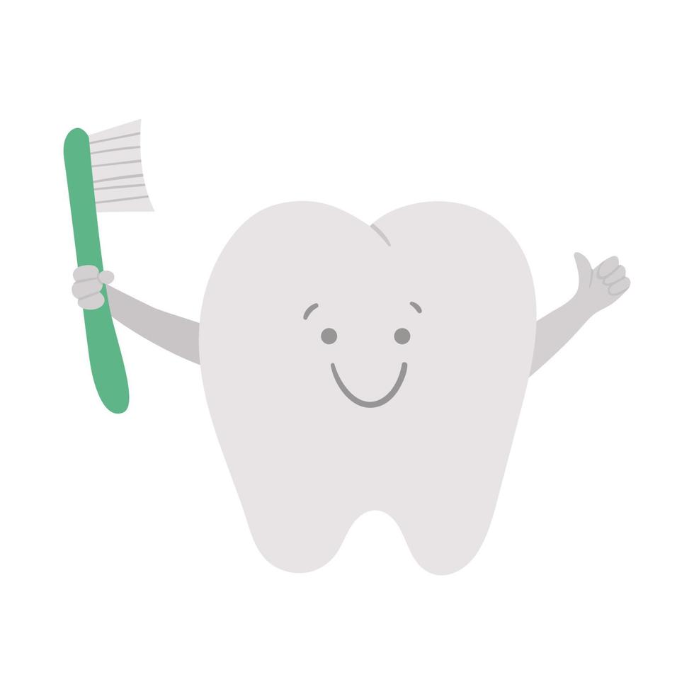 lindo diente kawaii con cepillo de dientes. icono de dientes vectoriales para el diseño de los niños. imagen divertida de cuidado dental para niños. dentista bebé clínica clipart con concepto de higiene bucal sobre fondo blanco. vector