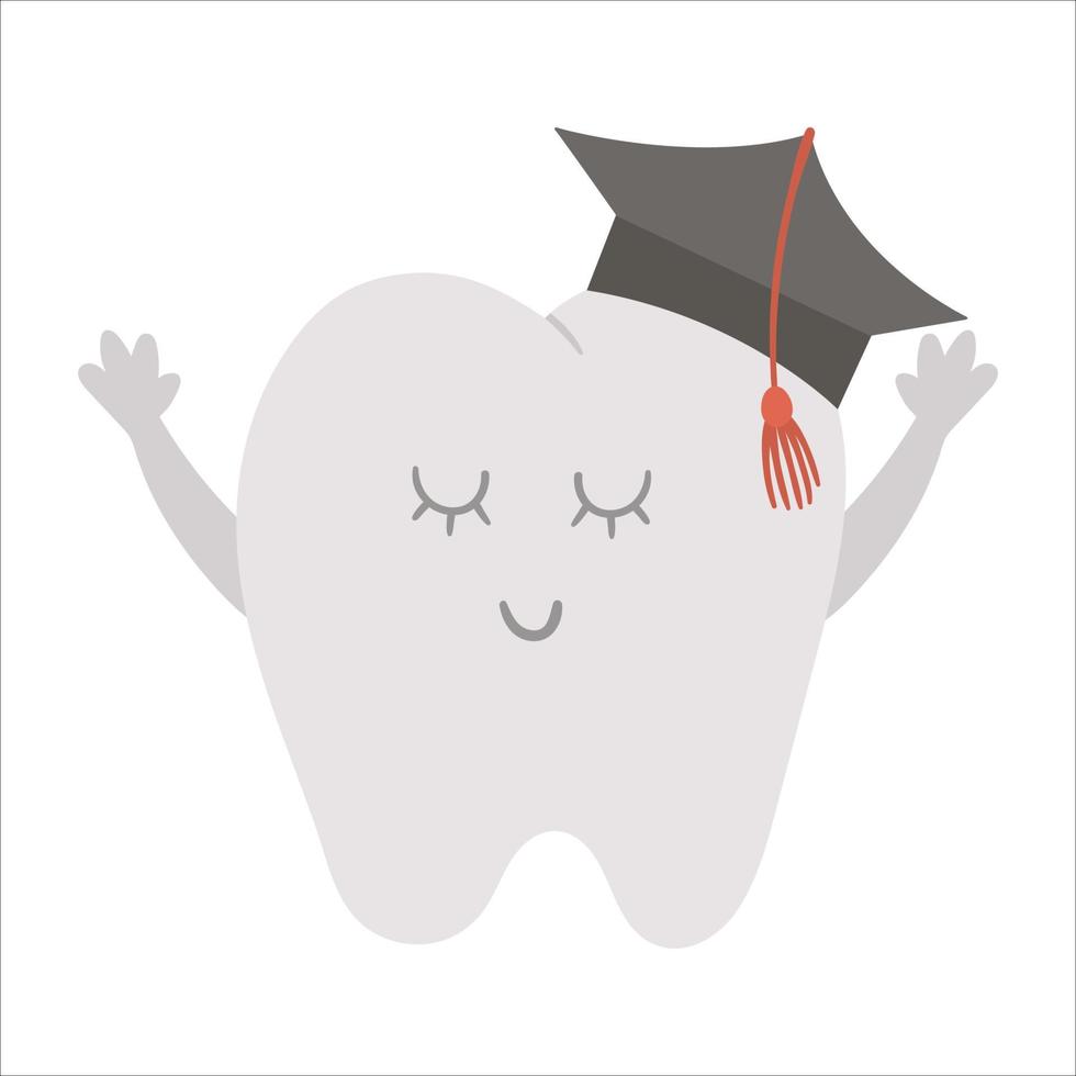 Cute kawaii wisdom tooth with academic hat. Vector teeth icon for children design. Funny dental care picture for kids. Dentist baby clinic clipart with mouth hygiene concept on white background.