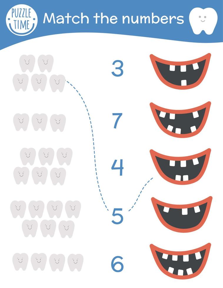 Matching game with teeth and mouth. Dental care math activity for preschool children. Dentist clinic counting worksheet. Educational riddle with cute funny elements for kids. vector