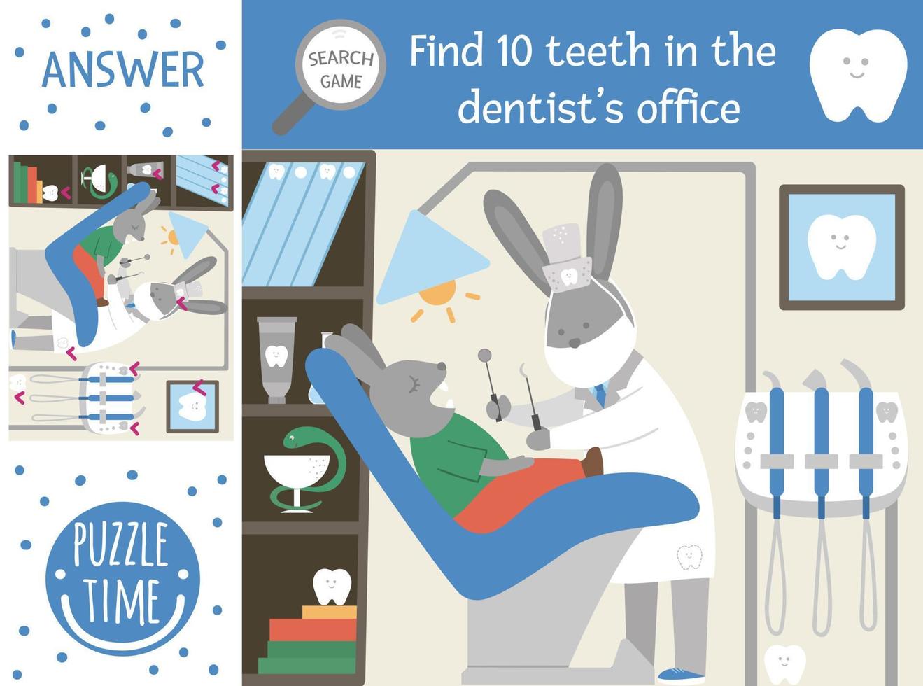 Vector dental care searching game for children with teeth lost in the clinic. Cute funny scene with dentist treating the patient. Find hidden objects. Mouth hygiene printable activity for kids.