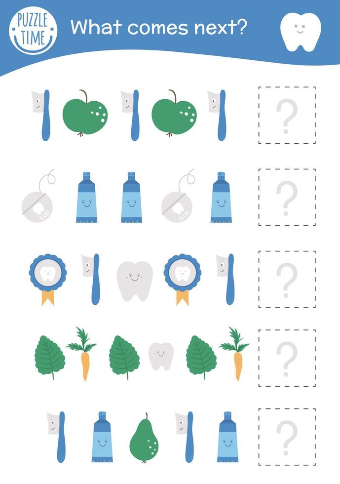 What comes next. Tooth hygiene matching activity for preschool children with teeth, toothbrush, apples, floss, toothpaste. Funny dental care game for kids. Logical quiz worksheet. Continue the row. vector