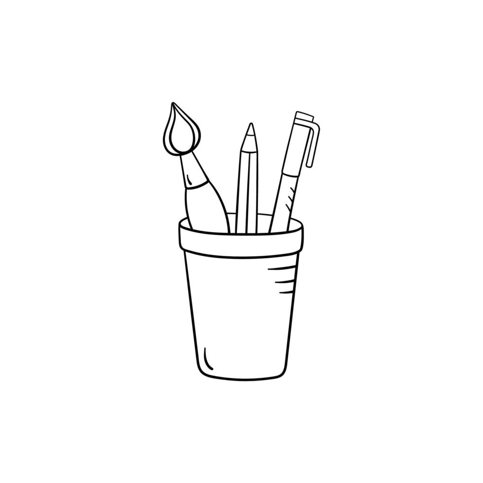 Pencil and brush in cup in doodle style, vector illustration. Sketch of school tools, hand drawn icon. Isolated element on a white background. Office stationery for work and study, symbol for print