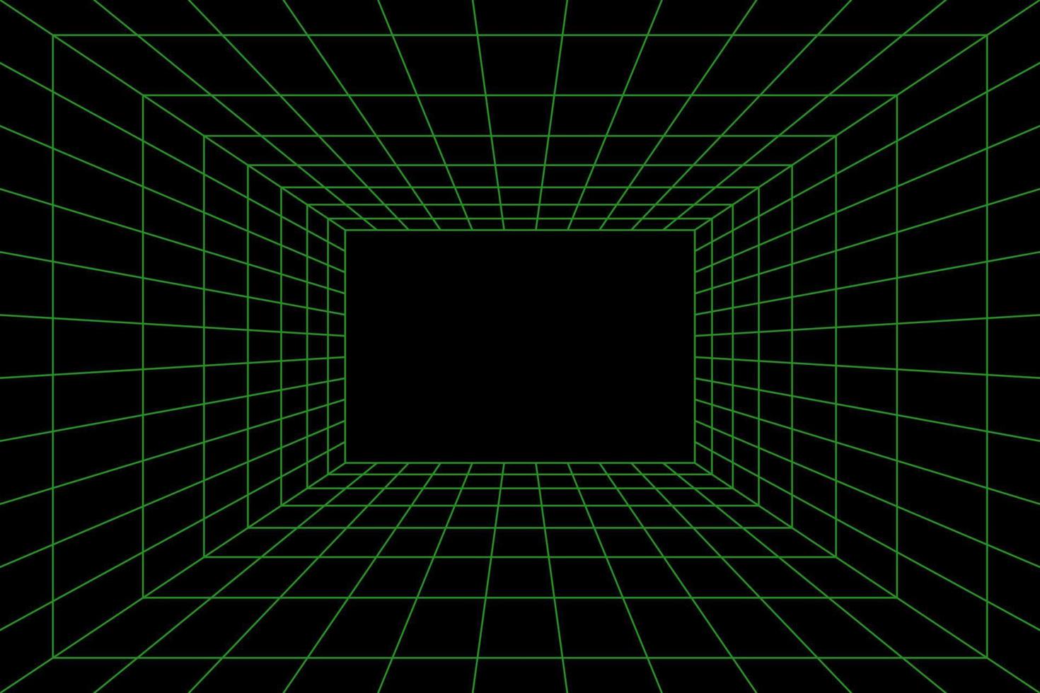 Grid room in perspective, vector illustration in 3d style. Indoor wireframe from green lines, template interior square, digital empty box. Laser beam on black background