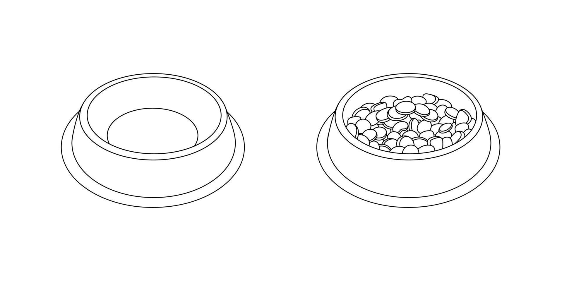 Bowl of food for feed dog and cat pet in doodle style, vector illustration. Animal bowl outline for print and design. Isolated black element on a white background. Graphic icon, snack pet symbol