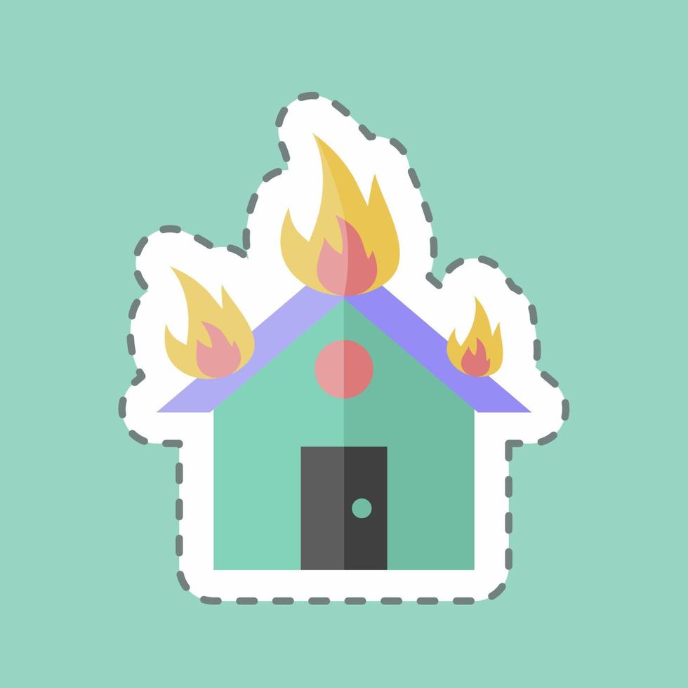 línea de pegatina cortada casa en llamas. adecuado para el símbolo de desastres. estilo compañero de color. diseño simple editable. vector de plantilla de diseño. ilustración de símbolo simple