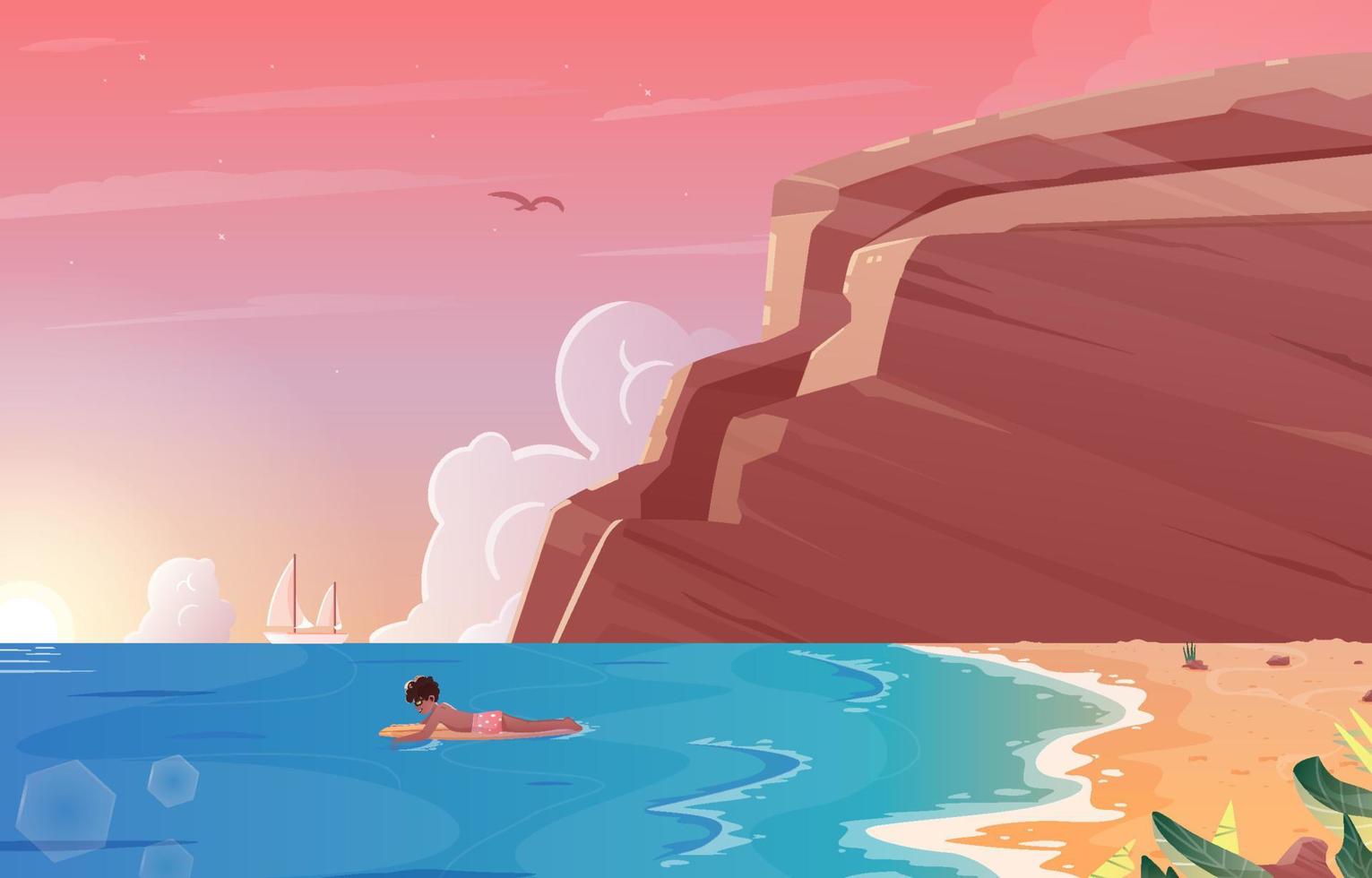 Boy Swimming by The Beach at Sunrise vector