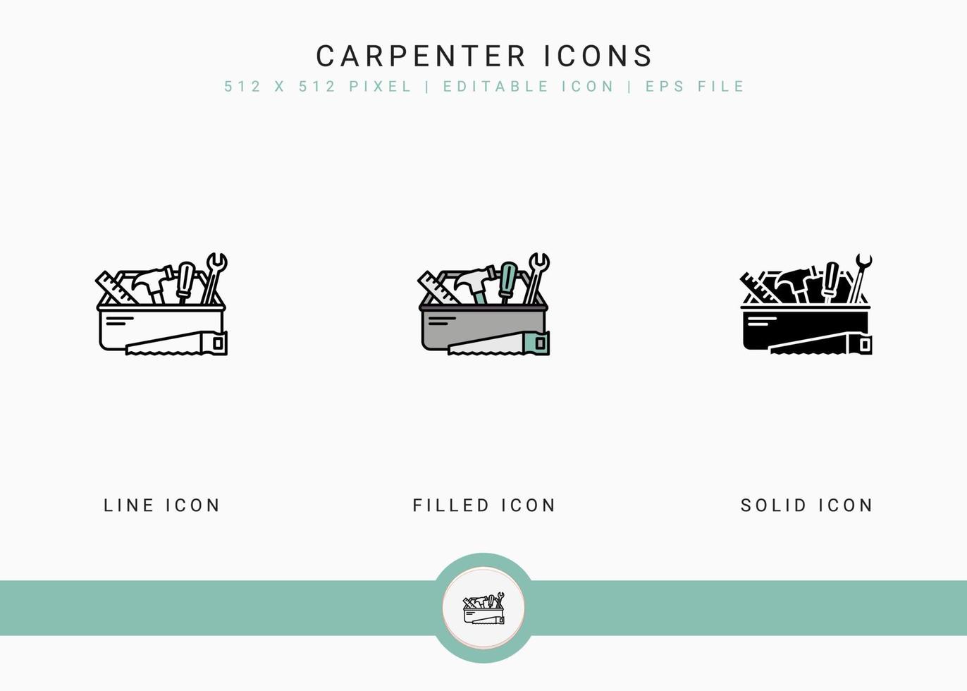 Carpenter icons set vector illustration with solid icon line style. Hammer tool building concept. Editable stroke icon on isolated background for web design, user interface, and mobile application