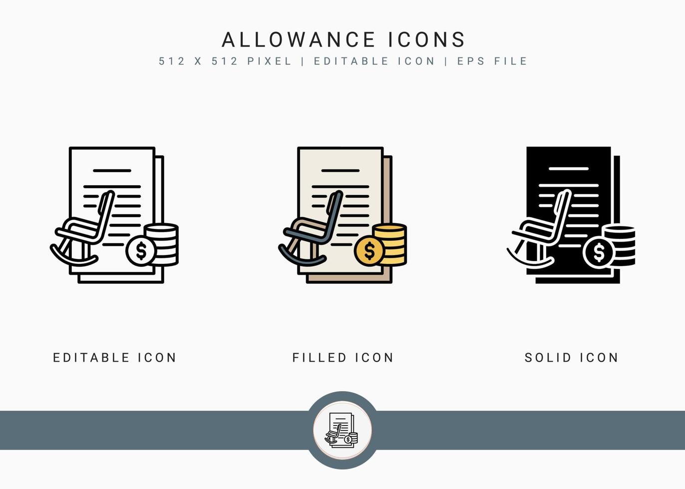 Allowance icons set vector illustration with icon line style. Pension fund plan concept. Editable stroke icon on isolated white background for web design, user interface, and mobile application