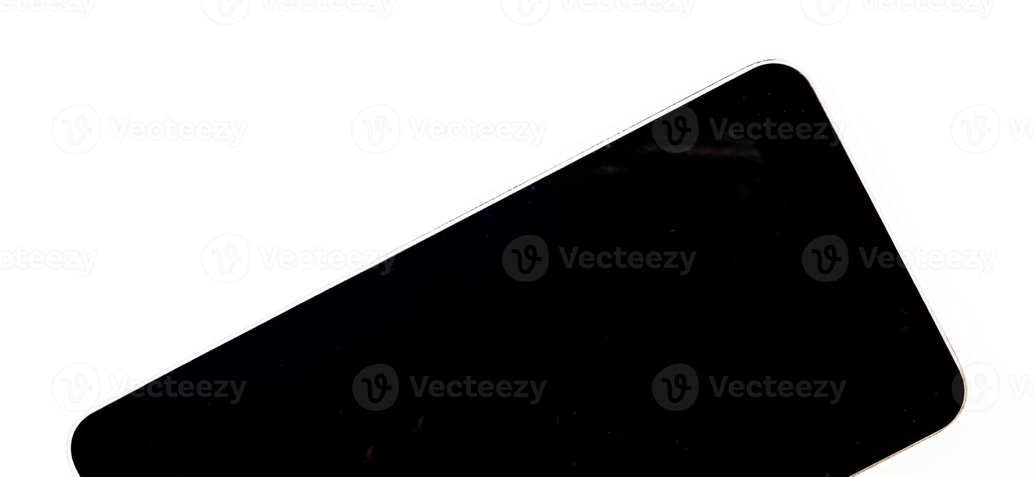 Front display of black screen of smartphone device. A half smartphone body view design. Suitable for advertising, promotion, technology agency, poster, backdrop, etc. photo