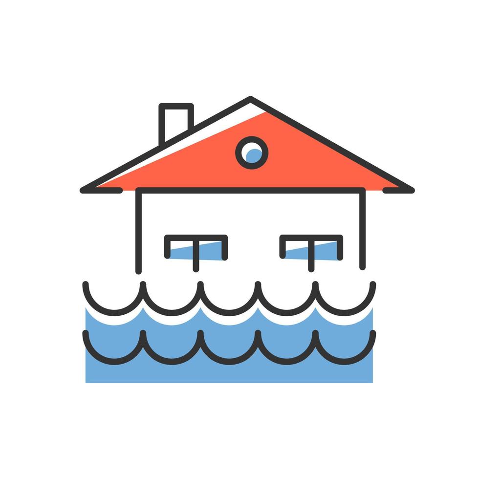 Flood blue color icon. Overflow of water. Sinking house. Submerged building. Flooding locality. Sea level rise. Natural disaster. Isolated vector illustration