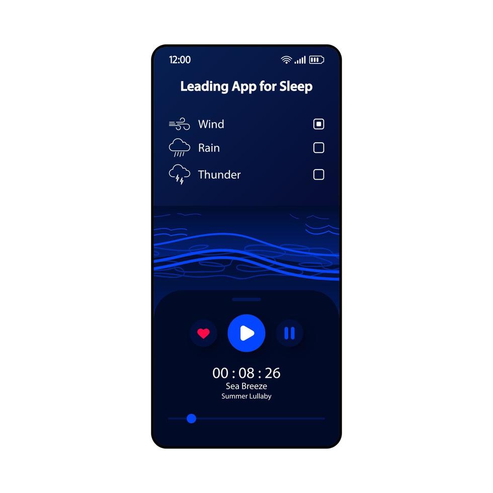 Leading app for sleep smartphone interface vector template. Mobile app page dark blue, black design layout. Soothing sounds of nature screen. Flat UI for application. Wind and thunder. Phone display
