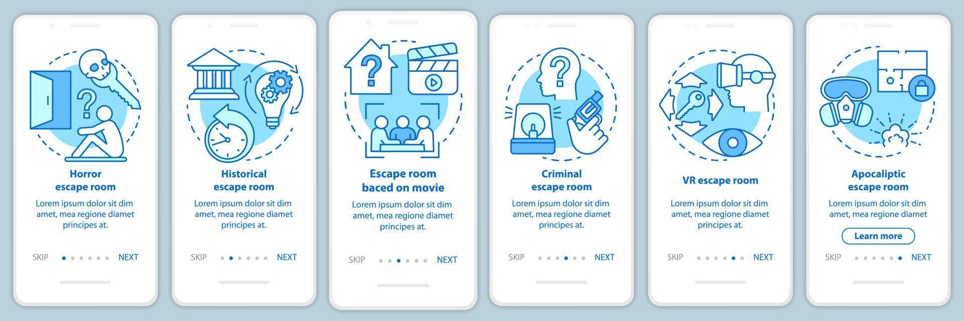 Escape room types turquoise onboarding mobile app page screen with linear concepts. Quest game categories. Walkthrough graphic instructions. UX, UI, GUI vector template with illustrations
