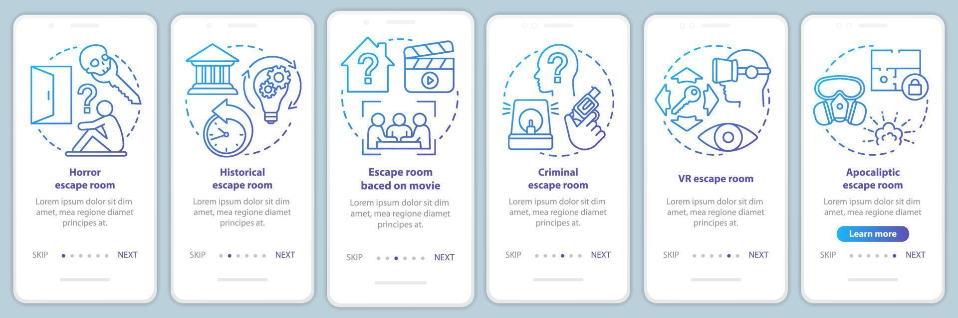 pantalla de la página de la aplicación móvil de incorporación de degradado azul del tipo de sala de escape con conceptos lineales. categorías de juegos de búsqueda. tutorial de instrucciones gráficas. ux, ui, plantilla vectorial gui con ilustraciones vector