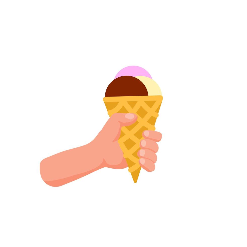 Ice cream in hand. Sweet cold dessert. Balls in waffle cone vector