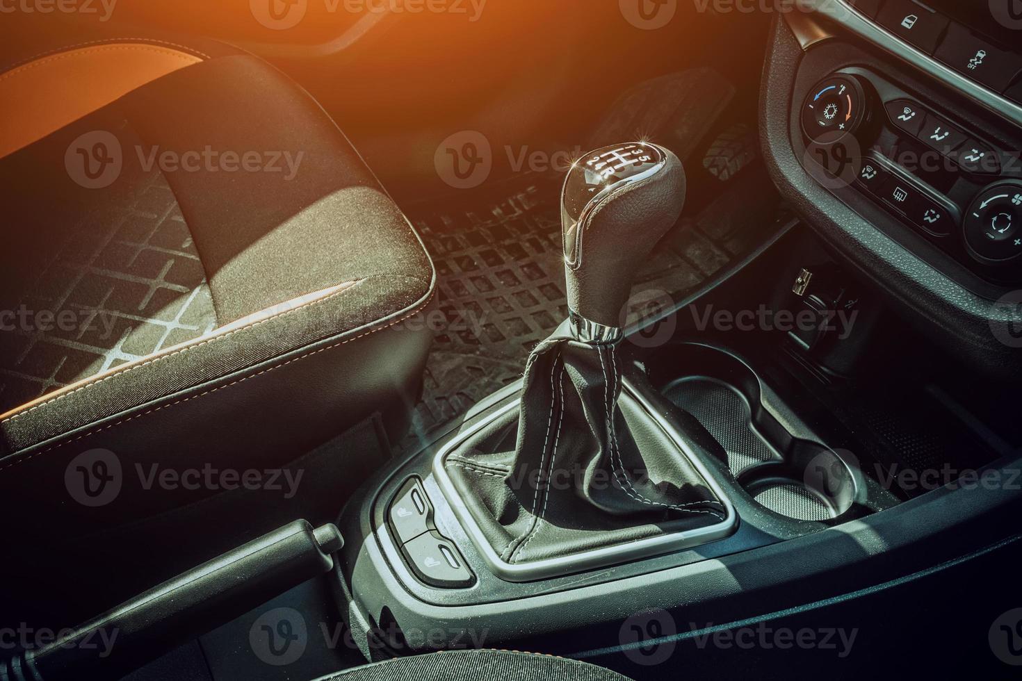 Manual gearbox handle in the modern car. Manual gear shifter photo