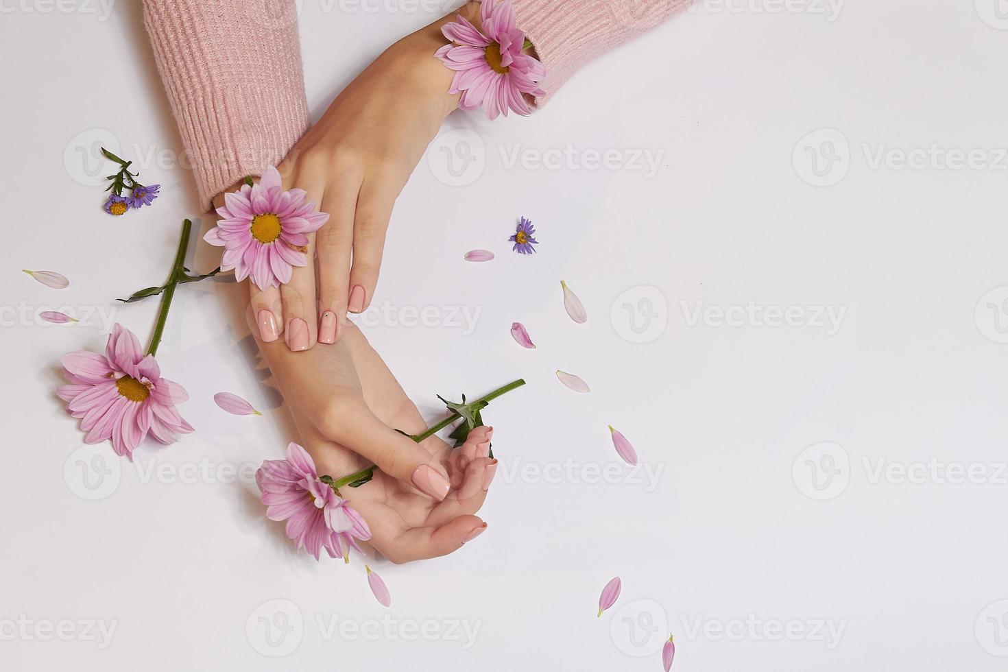 arte de la moda cuidado de la piel de las manos y flores rosas en manos de las mujeres foto