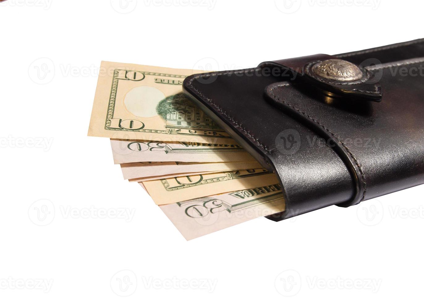 leather wallet with money and cards on white background photo