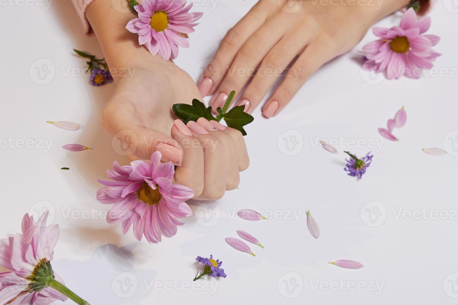 arte de la moda cuidado de la piel de las manos y flores rosas en manos de las mujeres foto