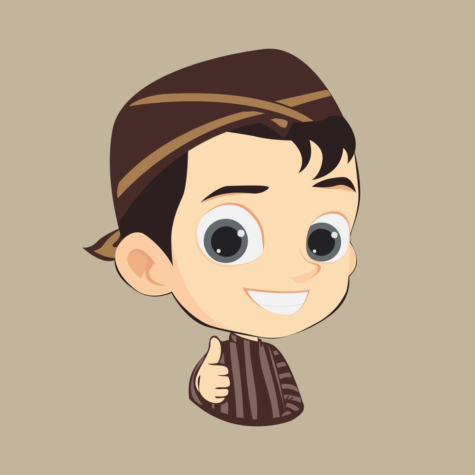 Javanese boy with blangkon the head, Javanese Face, javanese boy face cartoon, Javanese Face vector, Javanese boy thumbs up vector