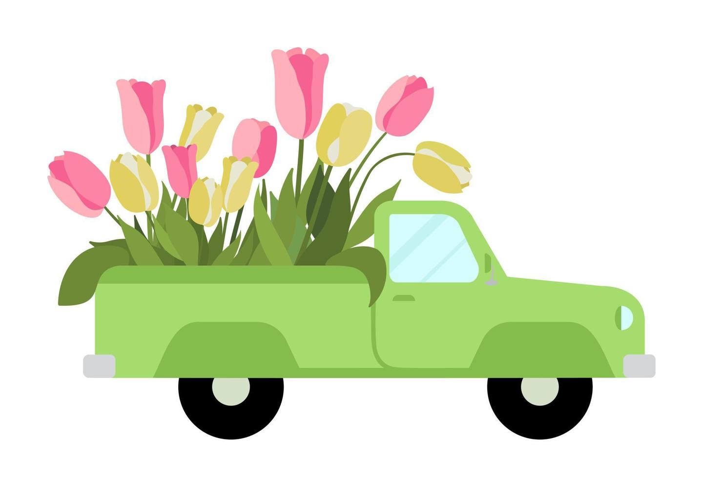 una camioneta retro verde con flores tulipanes rosas y amarillos. aislado sobre fondo blanco. ilustración de vector de coche vintage pintado a mano. perfecto para tarjetas, invitaciones de boda y saludos de primavera