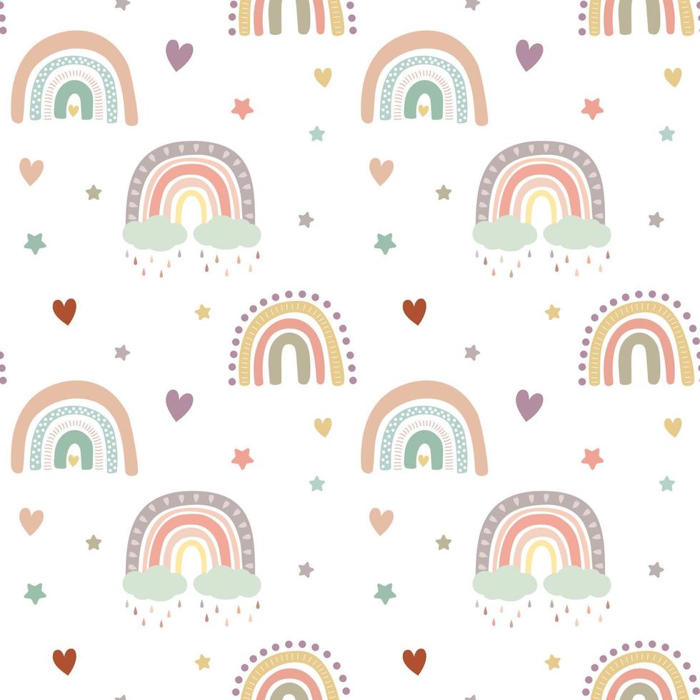 Kids boho pastel rainbow pattern with coluds, rain. Baby boho background. Nursery vector seamles pattern. Nursery wall art baby textile printable paper.