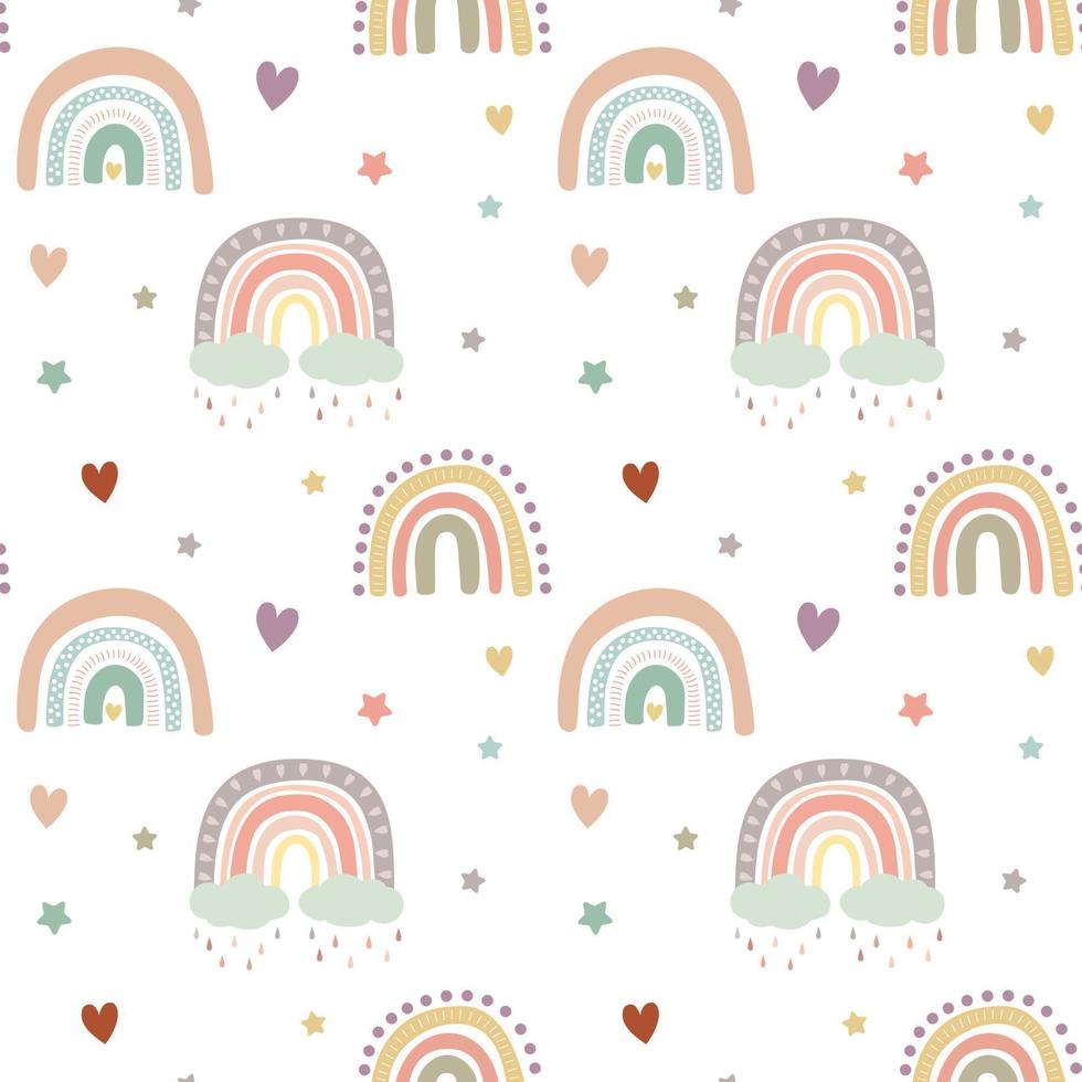 Kids boho pastel rainbow pattern with coluds, rain. Baby boho background. Nursery vector seamles pattern. Nursery wall art baby textile printable paper.