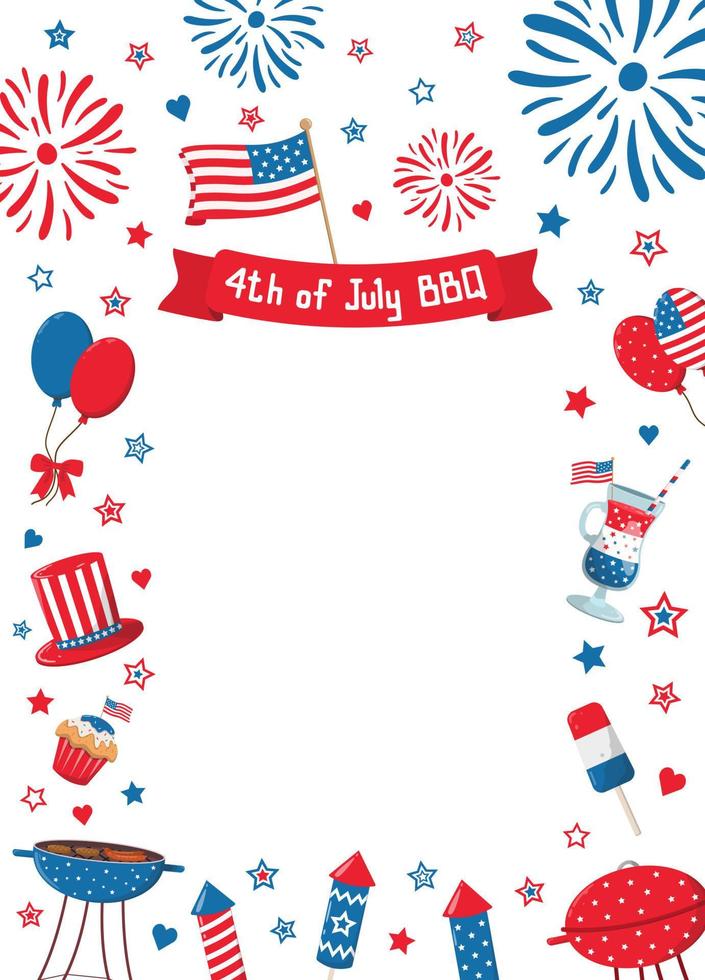 4th of July festival barbecue border frame with flags, grills, fireworks, balloons, food, drinks. Isolated on white background. Design for American Independence Day invitations. vector