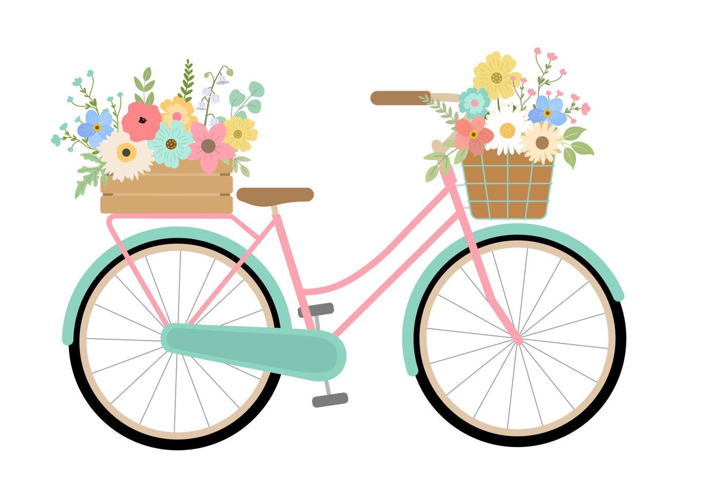 bicicleta turquesa floral de primavera dibujada a mano. aislado sobre fondo blanco. ilustración vectorial bicicleta retro con flores de colores en caja y cesta. vector