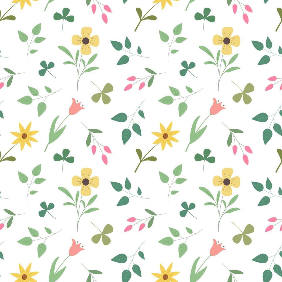 Spring colorful floral seamless pattern with cute meadow flowers. Isolated on white background. vector