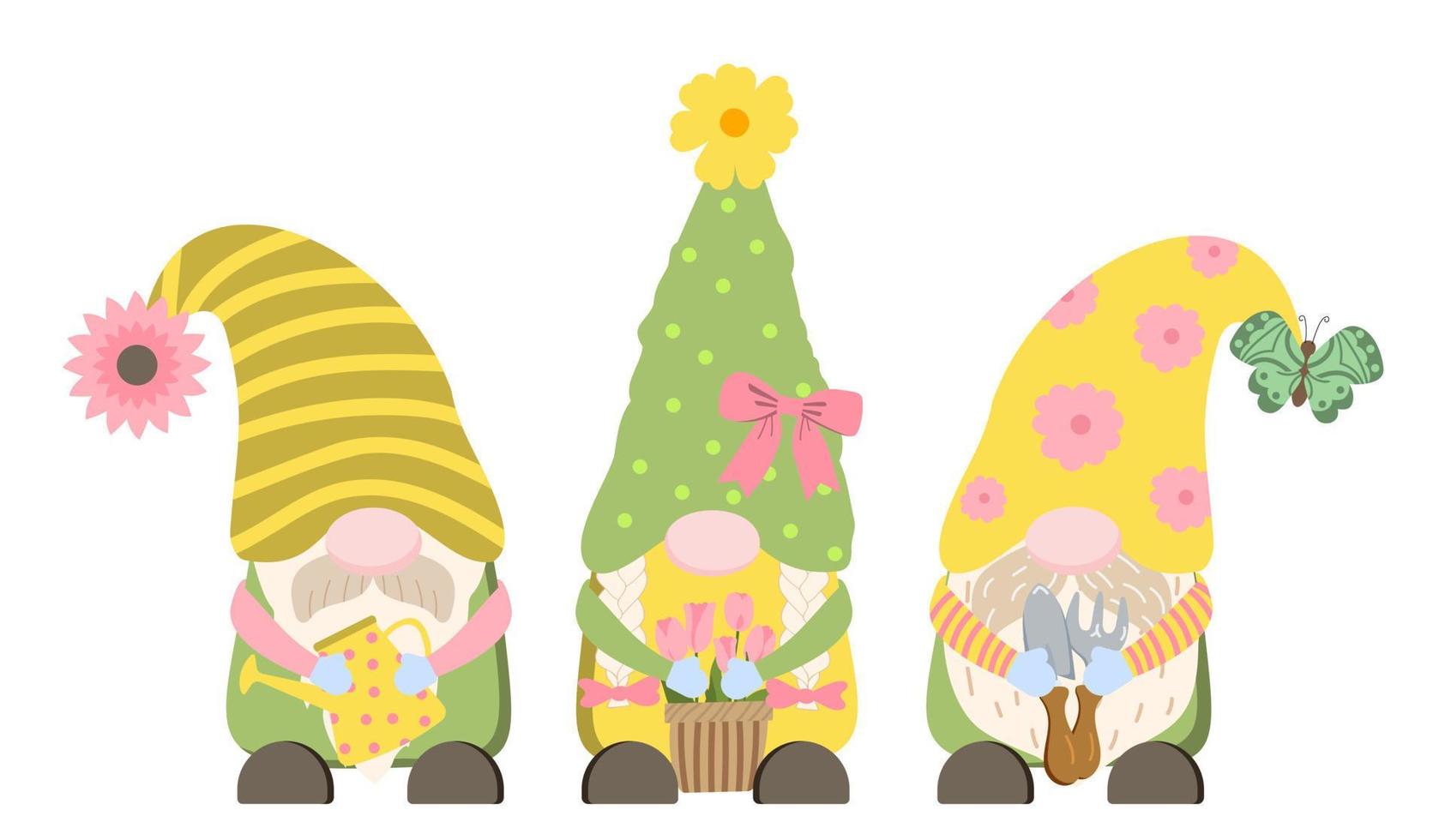 Cute cartoon spring gardening gnomes holding watering can, flowers in a basket, gardening tools. Isolated on white background. Spring gardening banner design. vector