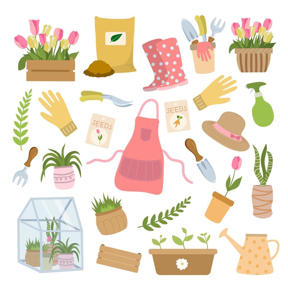 equipo de jardín de primavera, imágenes prediseñadas de plantas y flores en maceta. aislado sobre fondo blanco. genial para pegatinas, decoración, estampados. vector